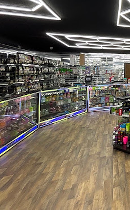 Glass display cases with blue edge light